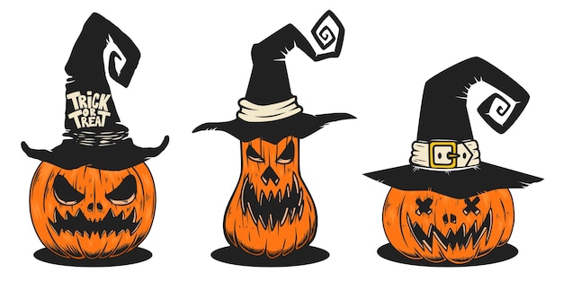 Conjunto de ilustraciones de la espeluznante calabaza de Halloween en sombreros de bruja Elemento de diseño para cartelera