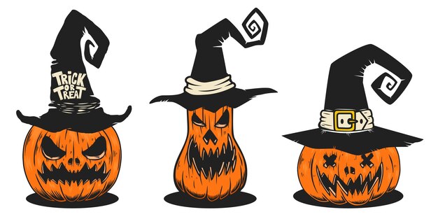Conjunto de ilustraciones de la espeluznante calabaza de Halloween en sombreros de bruja Elemento de diseño para cartelera