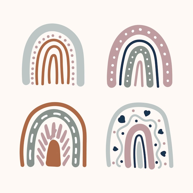 Conjunto de ilustraciones estéticas del arco iris boho forma abstracta dibujada a mano para la decoración
