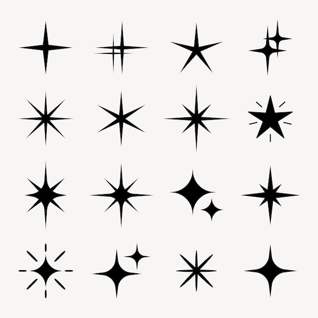 Conjunto de ilustraciones estilizadas de forma de estrella negra vectorial Conjunto de ilustraciones elegantes de forma de estallido de estrellas negras en varias ilustraciones de diseño vectorial Colección de ilustraciones de forma de astro negra estilizada