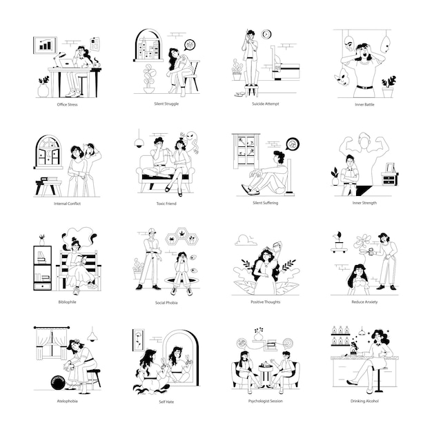 Conjunto de ilustraciones de estilo glifo de trastornos mentales