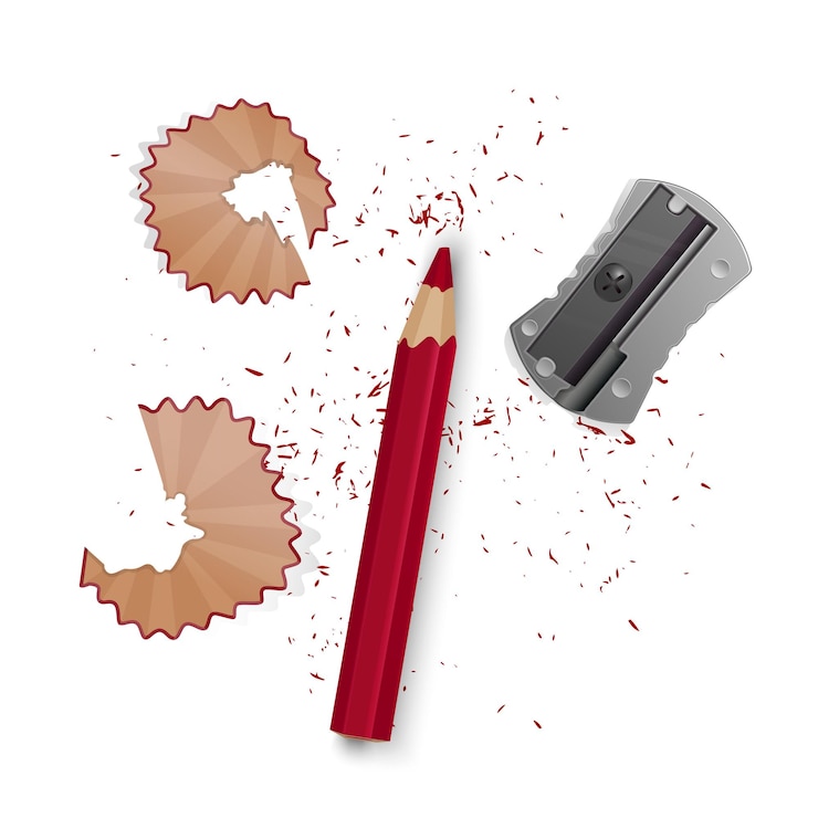 Vector conjunto de ilustraciones en estilo realista lápiz afilado un sacapuntas, virutas de lápiz y un grafito aislado