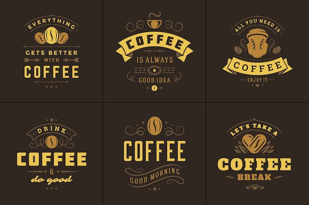 Conjunto de ilustraciones de frases inspiradoras de estilo tipográfico vintage de citas de café