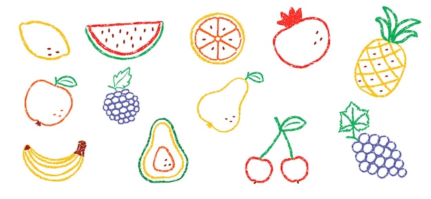 Conjunto de ilustraciones de frutas dibujadas a mano con tiza, garabates infantiles de manzana, piña y uvas con
