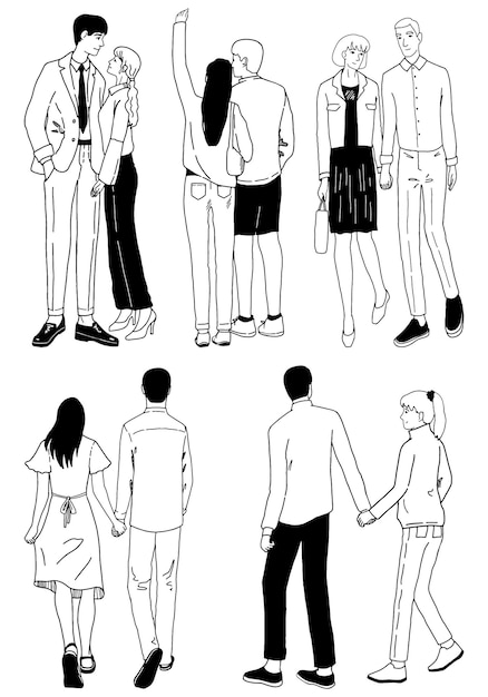 Conjunto de ilustraciones de garabatos de parejas encantadoras. Hombres y mujeres en una cita, paseo romántico. Colección de dibujos de contorno de vector dibujado a mano aislado en blanco. Diseño del día de San Valentín.