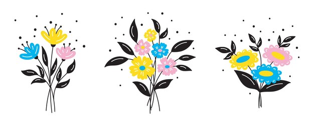 Un conjunto de ilustraciones de garabatos con ramos de flores silvestres Hojas y ramas de plantas