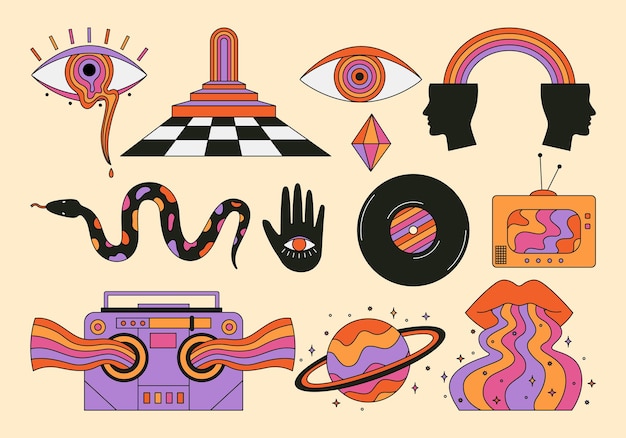 Conjunto de ilustraciones geométricas y psicodélicas abstractas al estilo de los años 70 y 80. Arte trippy.