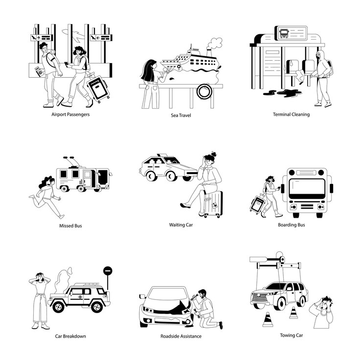 Vector conjunto de ilustraciones de glifos para viajes públicos