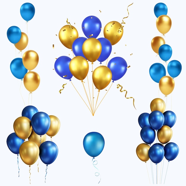 Conjunto de ilustraciones de globos azules de oro vectorial gratuito
