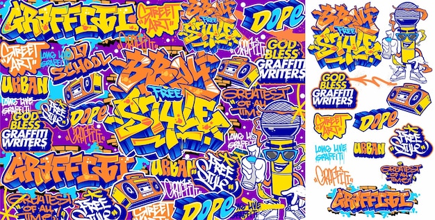 Conjunto de ilustraciones de graffiti vectoriales para pegatinas o impresiones