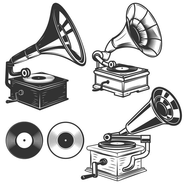 Vector conjunto de ilustraciones de gramófono sobre fondo blanco. elementos para logotipo, etiqueta, emblema, signo. ilustración