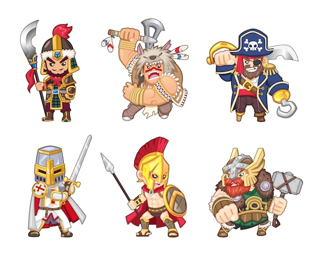 Conjunto de ilustraciones de guerreros antiguos de todo el mundo [soldado chino, indio americano, pirata, caballero templario, espartano, vikingo]