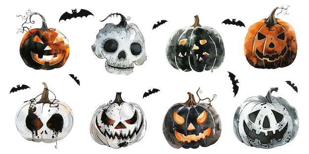 Conjunto de ilustraciones de Halloween en acuarela sobre un fondo blanco