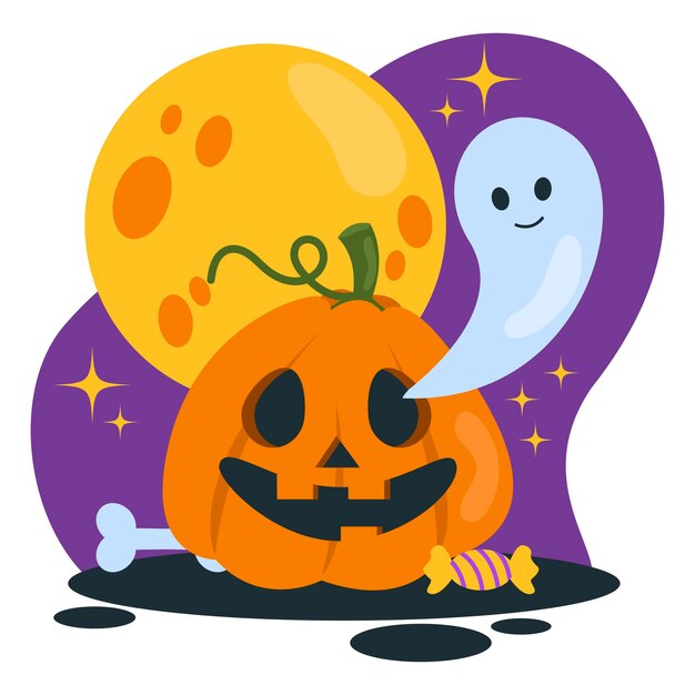 Conjunto de ilustraciones de Halloween Calabaza con cara tallada fantasma de hueso de caramelo Luna llena