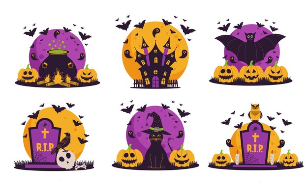 Conjunto de ilustraciones de Halloween para carteles, tarjetas, invitaciones y pancartas