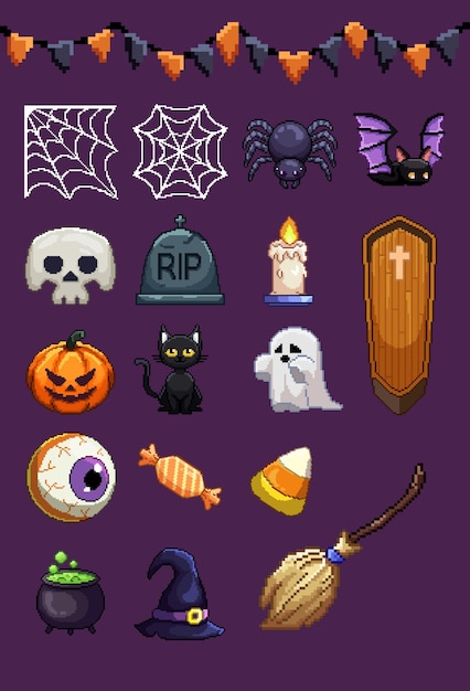 Conjunto de ilustraciones de Halloween en píxeles