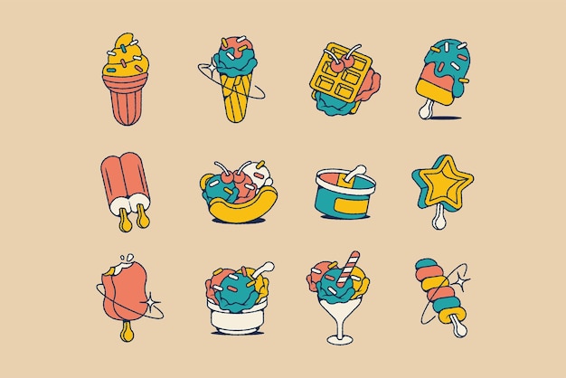 Conjunto de ilustraciones de helado dibujadas a mano.