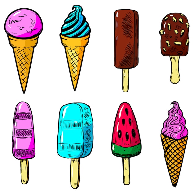 Conjunto de ilustraciones de helados. elementos para cartel, tarjeta, emblema, signo. ilustración