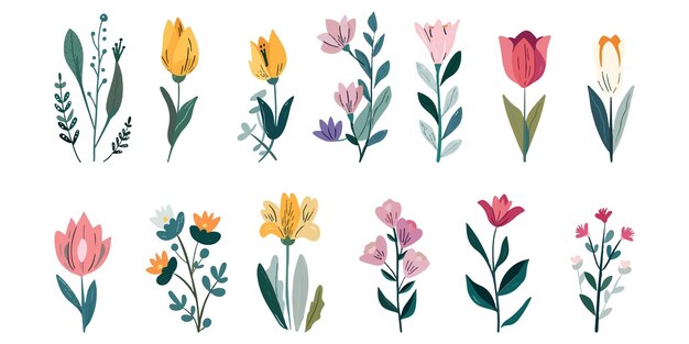 Conjunto de ilustraciones de hermosas flores de colores sobre un fondo blanco