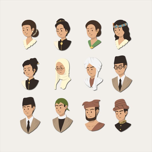 Conjunto de ilustraciones de los héroes nacionales de Indonesia