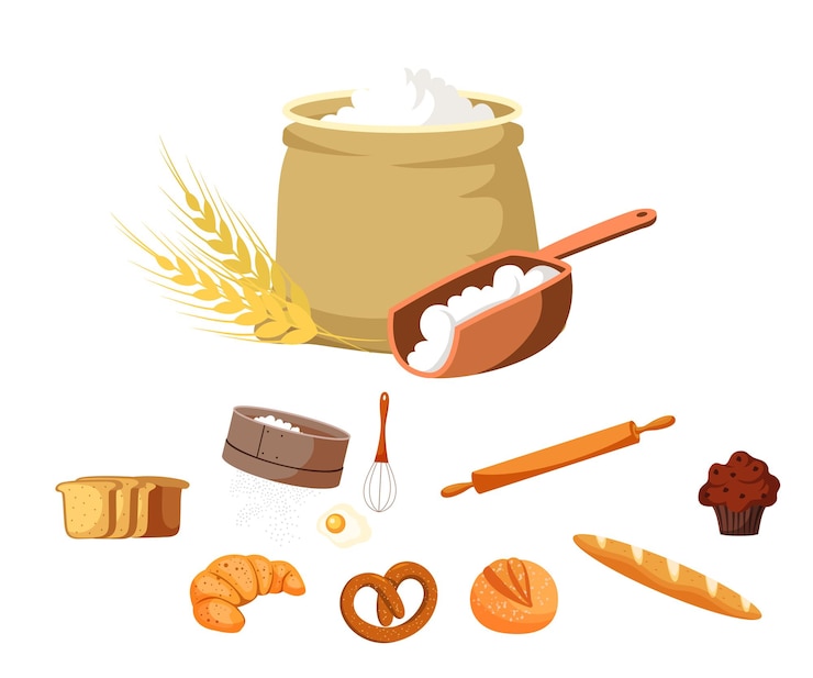 Vector conjunto de ilustraciones de herramientas de alimentos y horneado equipos e ingredientes para hacer pasteles harina de trigo rodillo batidor y tamiz pan croissant pretzel baguette y muffin