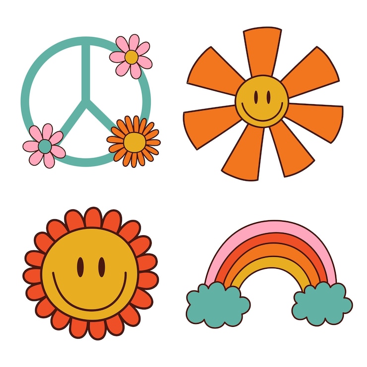 Vector conjunto de ilustraciones hippies. estilo de los años 70. ilustración vectorial