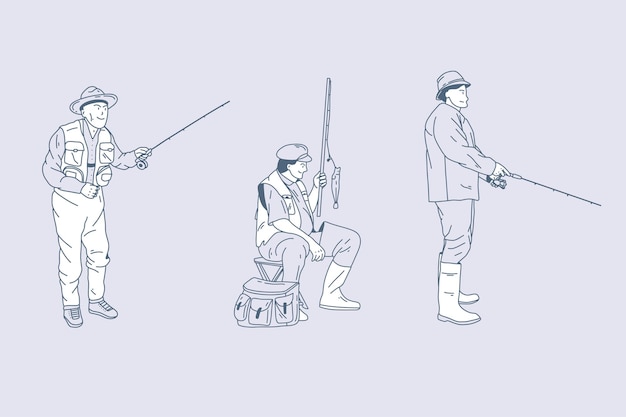 Conjunto de ilustraciones de hombres pescando