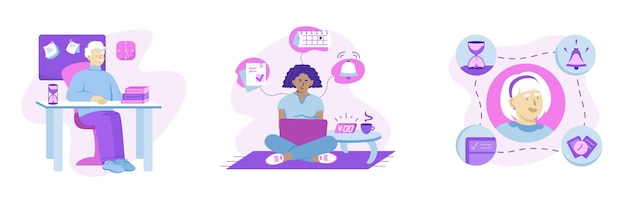 Conjunto de ilustraciones de horarios de planes de personas de dibujos animados multinacionales