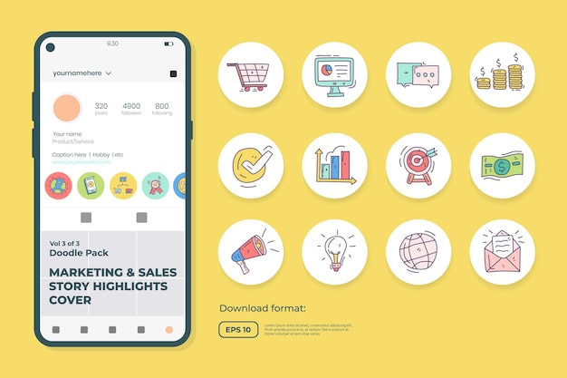 Conjunto de ilustraciones de iconos de garabatos de negocios y marketing para redes sociales Resaltar tiendas Cubrir con ilustración de vector de estilo de color de relleno