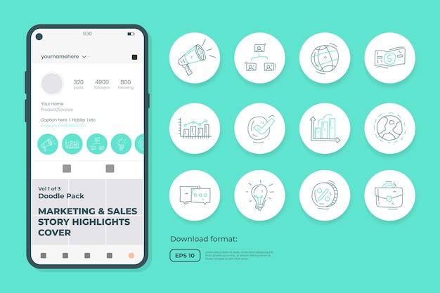 Conjunto de ilustraciones de iconos de garabatos de negocios y marketing para redes sociales Resaltar tiendas Cubrir con ilustración de vector de estilo de contorno delgado