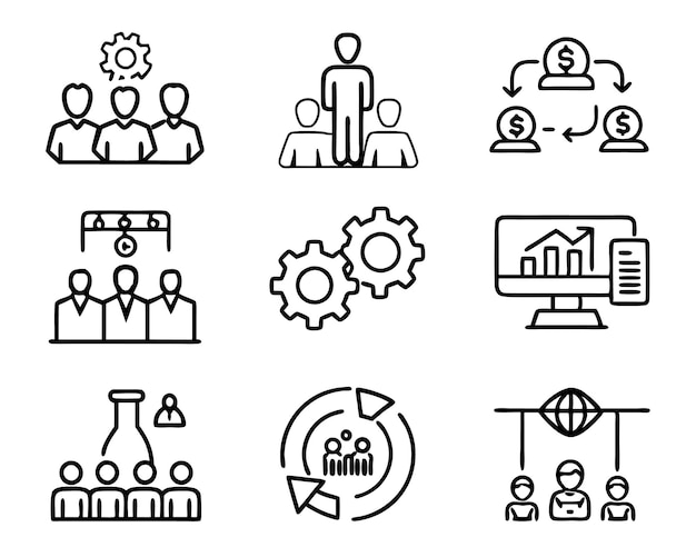 conjunto de ilustraciones de iconos de gestión análisis de empresas empresario estrategia web lugar de trabajo