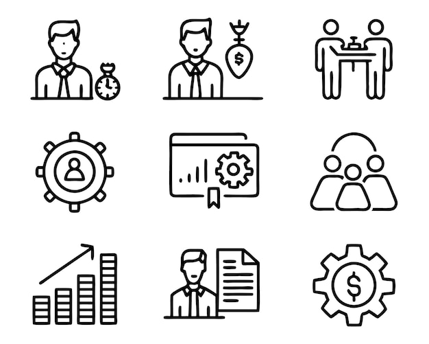 conjunto de ilustraciones de iconos de gestión análisis de empresas empresario estrategia web lugar de trabajo