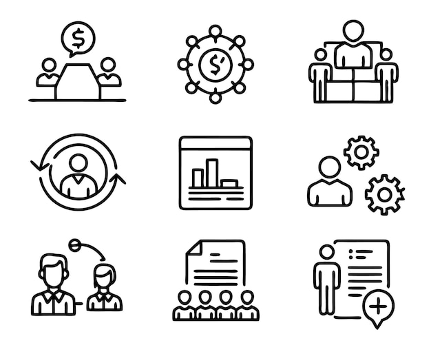 conjunto de ilustraciones de iconos de gestión análisis de empresas empresario estrategia web lugar de trabajo