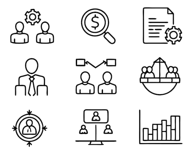 conjunto de ilustraciones de iconos de gestión análisis de empresas empresario estrategia web lugar de trabajo