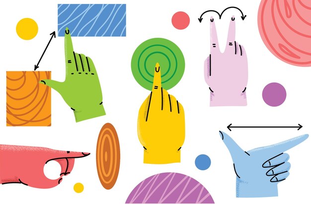 Conjunto de ilustraciones de iconos de gestos de pantalla táctil Mano haga clic en el dedo puntero de cursor multitáctil y más elementos de diseño de presentación de la interfaz de la aplicación aislados en el fondo