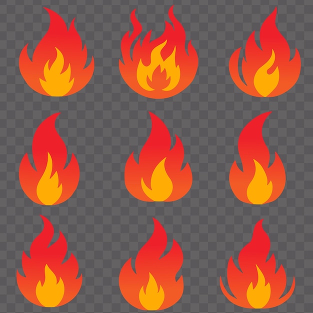 un conjunto de ilustraciones de iconos de llama de vector de fuego de color naranja