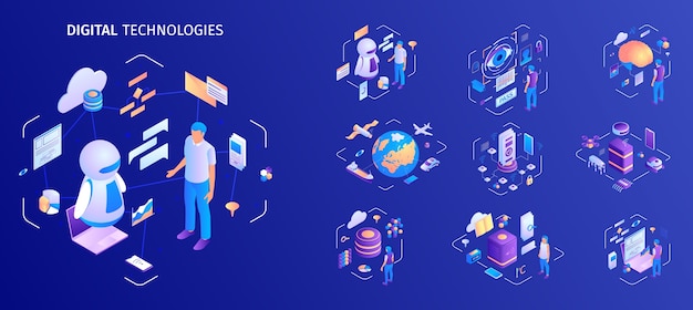 Conjunto de ilustraciones de iconos de tecnología isométrica