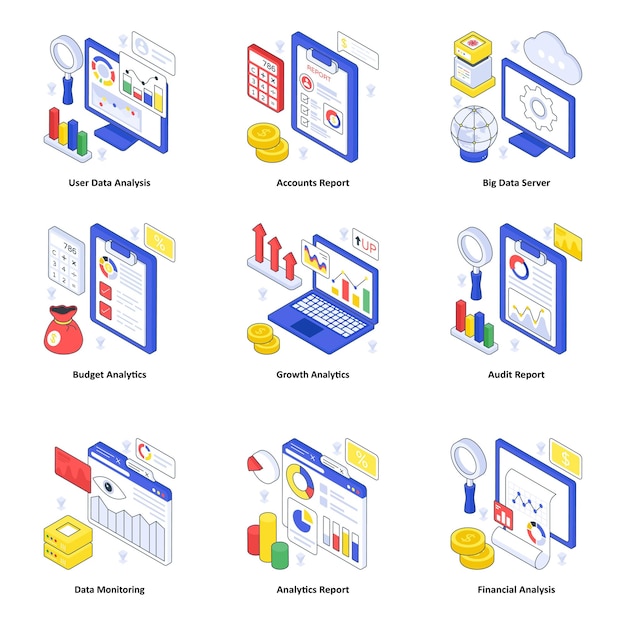 El conjunto de ilustraciones isométricas de análisis de datos 04