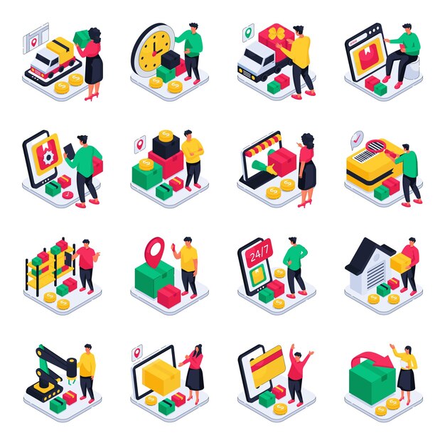Conjunto de ilustraciones isométricas de la carga
