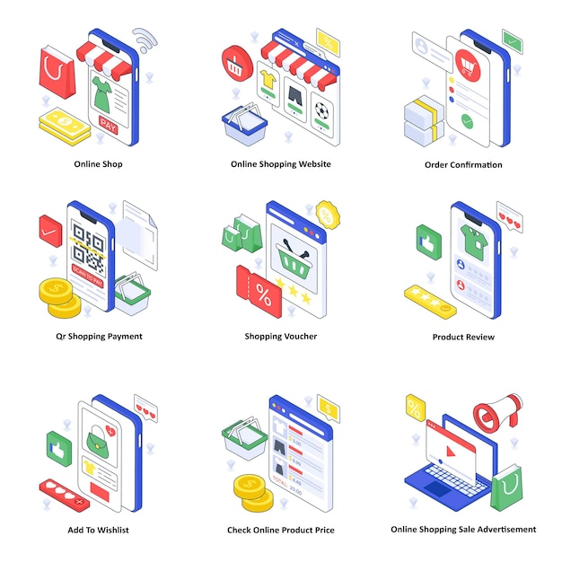 Conjunto de ilustraciones isométricas de comercio electrónico 03