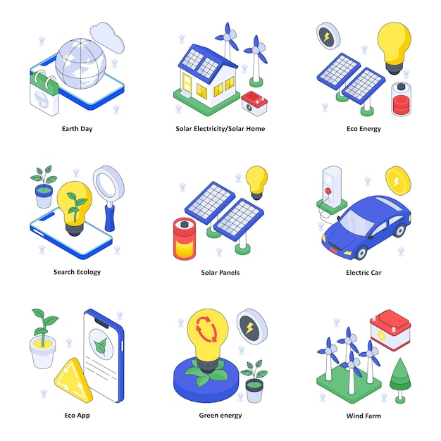 Conjunto de ilustraciones isométricas del ecosistema 03