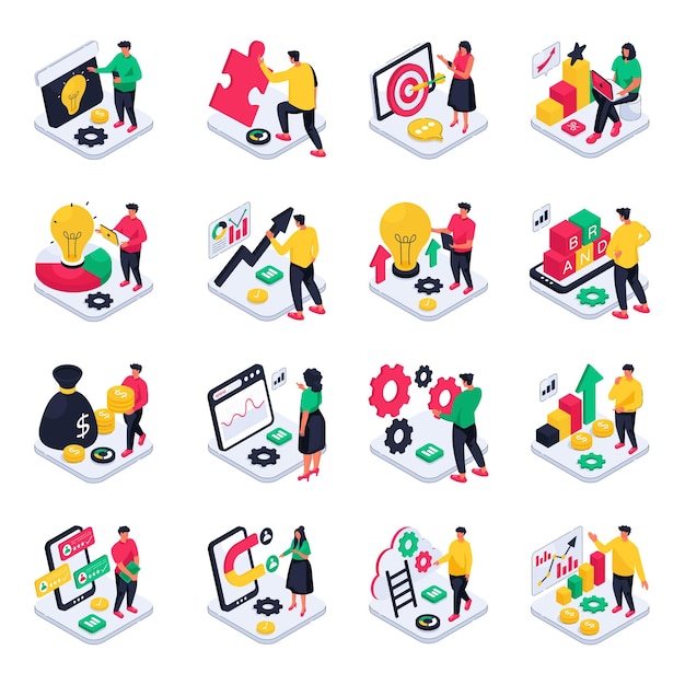 Conjunto de ilustraciones isométricas de negocios