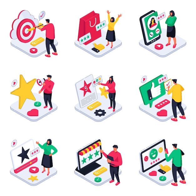 Conjunto de ilustraciones isométricas de la respuesta del cliente