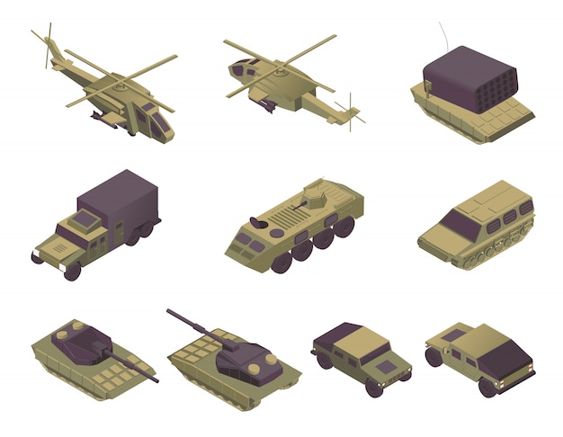 Conjunto de ilustraciones isométricas de vehículos militares. Transporte militar moderno