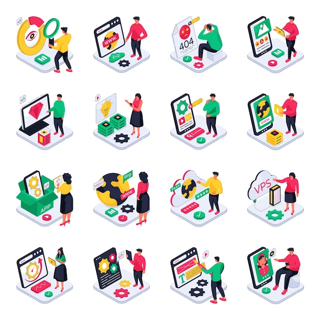 Conjunto de ilustraciones isométricas web y móviles
