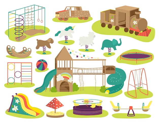 Conjunto de ilustraciones de juegos infantiles. Tabla de balancín, columpios, arenero, arenero y banco, carrusel, tobogán para niños, casita de juegos. Baby playinfield, área de juegos para niños, área de resort.