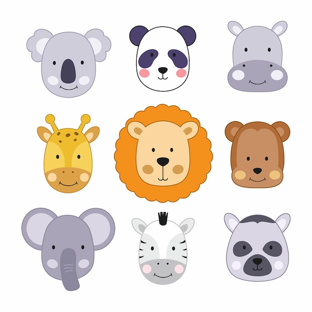 Un conjunto de ilustraciones con lindas caras de animales. animales salvajes para niños en estilo de dibujos animados. | Vector Premium Un conjunto de ilustraciones con lindas caras de animales. animales salvajes para niños en estilo de dibujos animados. | Vector Premium