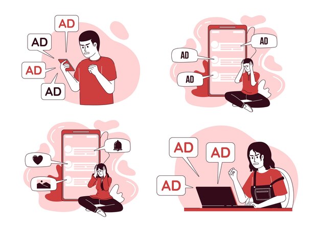 Conjunto de ilustraciones lineales aisladas de vectores 2D de redes sociales