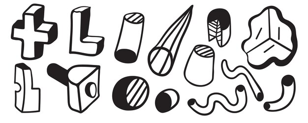 conjunto de ilustraciones lineales geométricas en objetos vectoriales en líneas de formas geométricas estilo garabato