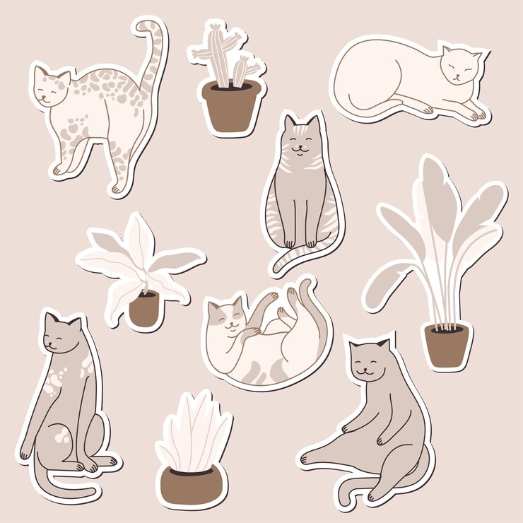 Conjunto de ilustraciones lineales vectoriales de adorables gatos en diferentes poses durmiendo, estirándose, jugando y flores en macetas. Los gatos engendran pegatinas, alfileres.